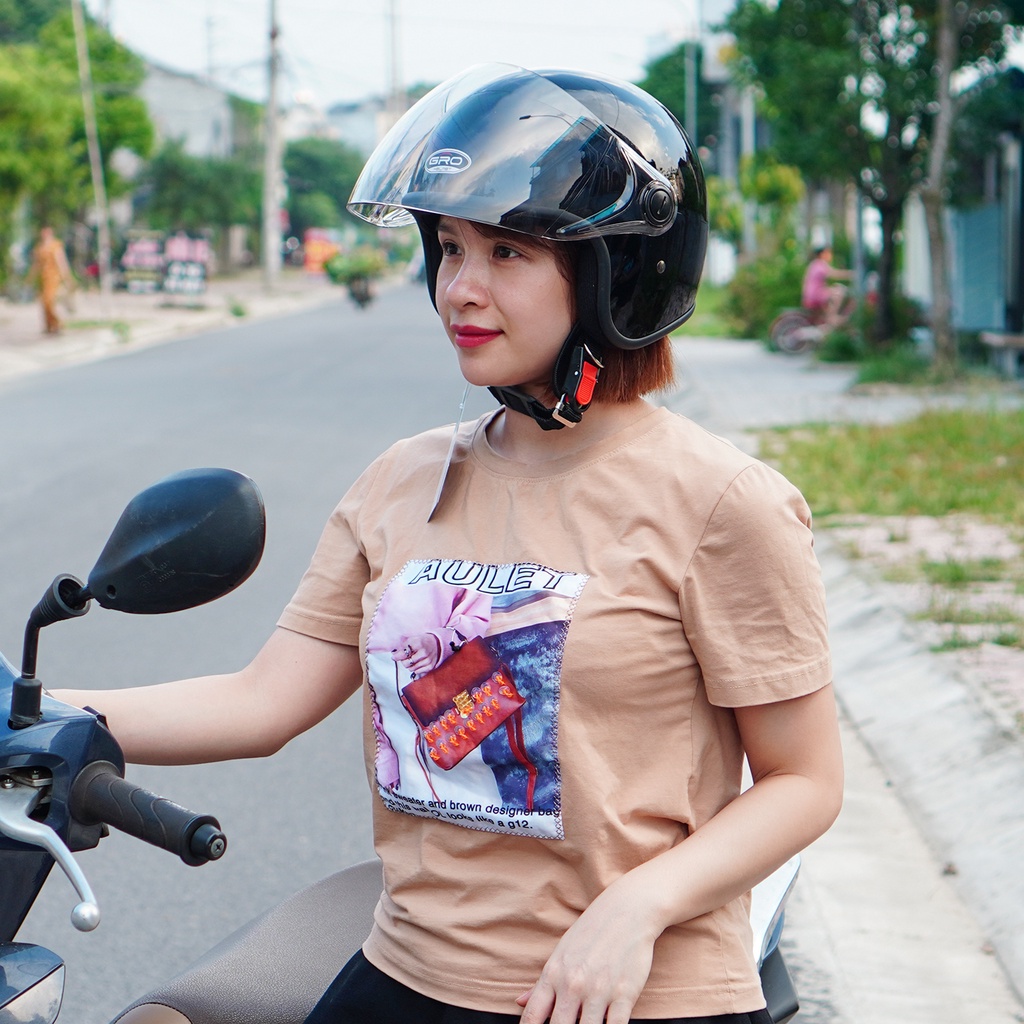 Mũ Bảo Hiểm 3/4 đầu GRO Helmet T818 có kính dài che cả mặt, kiểu dáng thời trang cho nữ, khóa kim loại - Đen Nhám