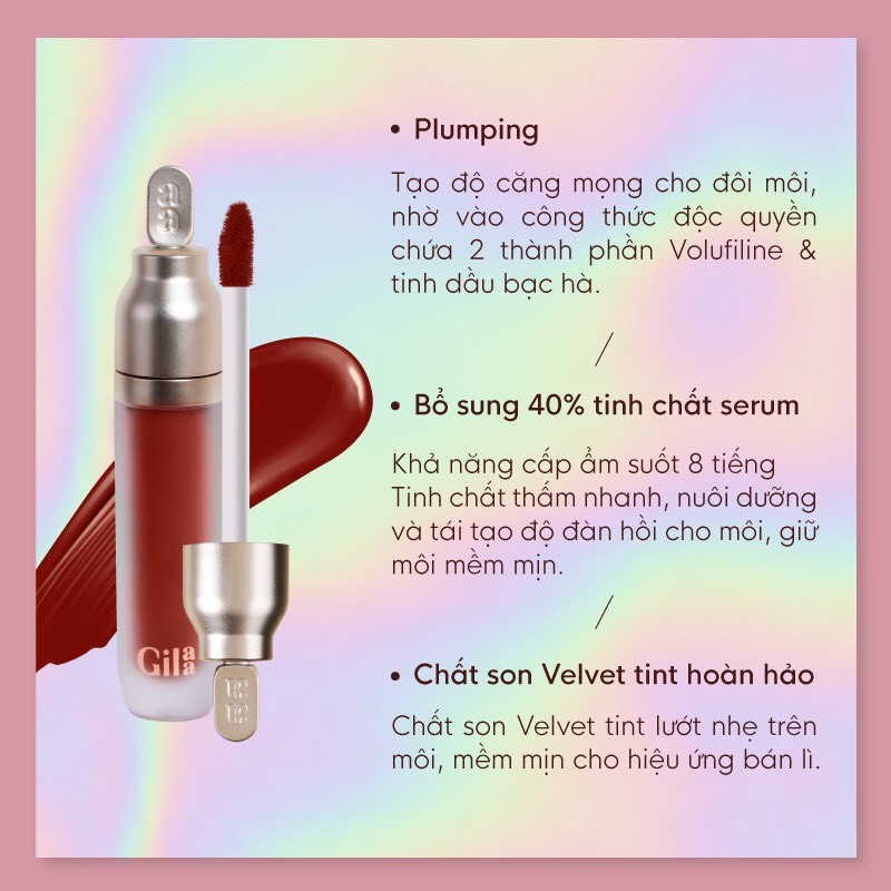 [TẶNG MẶT NẠ NHAU THAI CỪU] Son Kem Lỳ Gilaa Plumping Lip Serum - Phiên bản Velvet Tint Hoàn Hảo (3.8g)