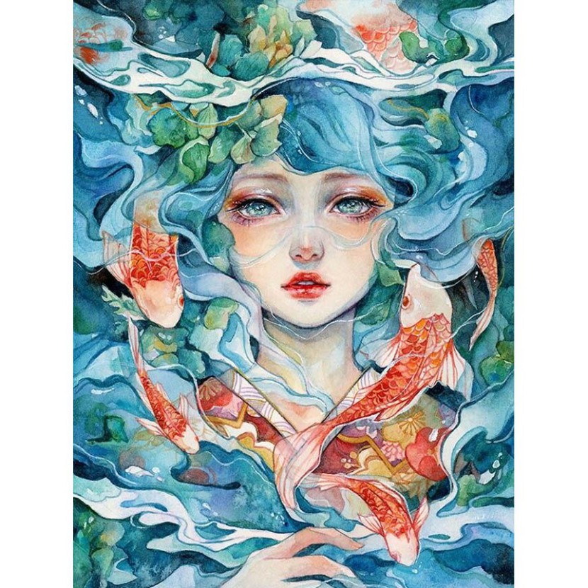 Tranh đá tự đính tự làm 30x40cm giá rẻ in theo yêu cầu, tranh đính đá phong cảnh Anime 5D (Cô gái - Cá)