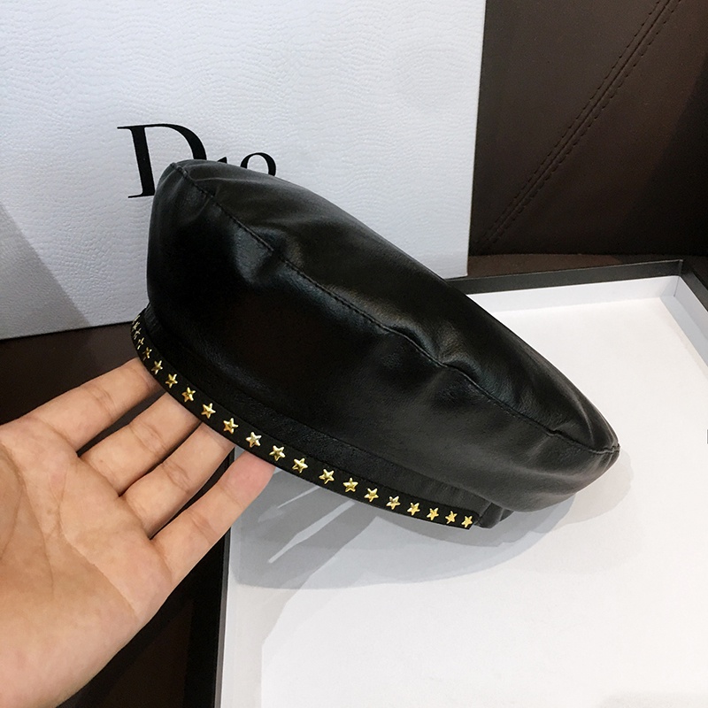 Mũ nồi bằng da màu đen phong cách retro thời trang xuân thu 2020 cho nữ