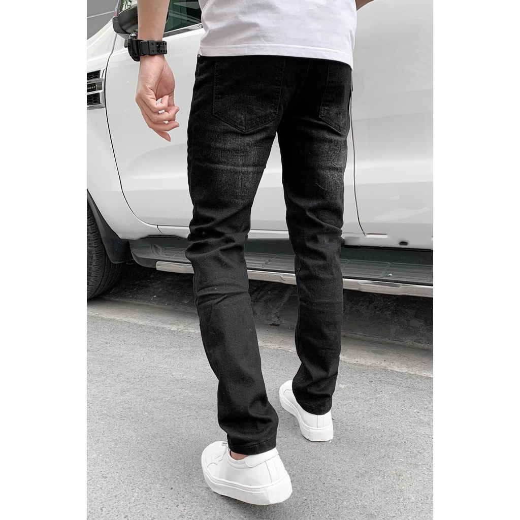 Quần Jean Nam Đen Rách Gối Dáng Slim Ống Côn Vải Mịn Không Xù Lông Không Phai Màu