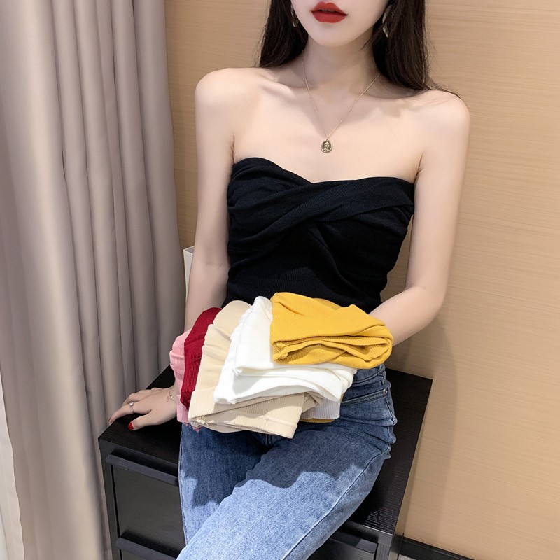 Cocory vn Áo crop top màu trơn trễ vai gợi cảm cho nữ