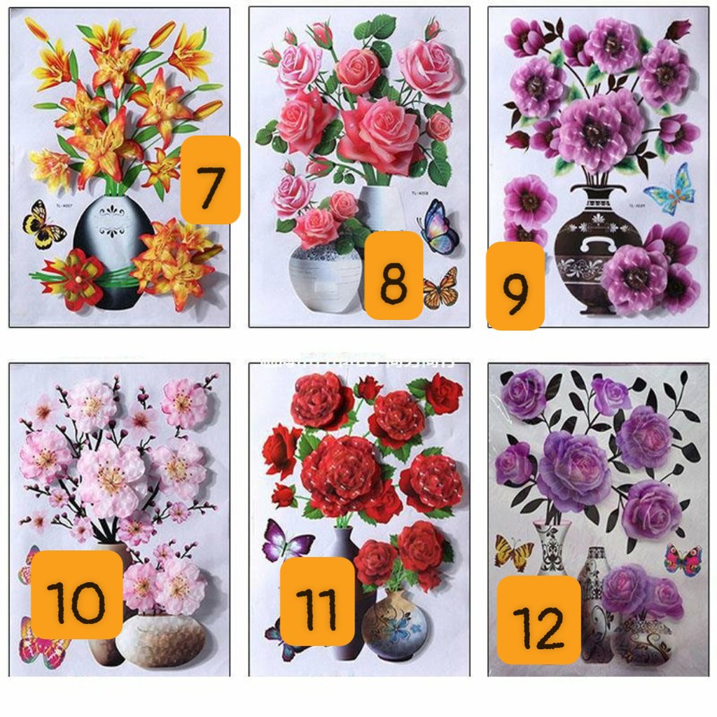 Decal dán tường bình hoa 3D sẵn keo, Tranh nổi 3D các loại hoa trang trí (12 mẫu)