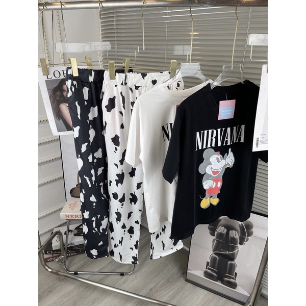 Bộ áo mickey quần dài bò sữa set áo mix quần ống rộng suông dài