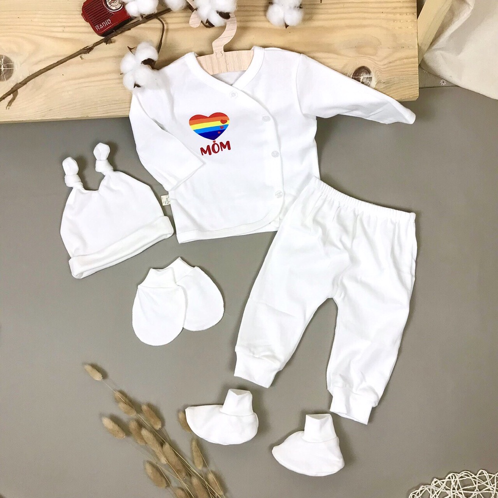Set 5 chi tiết bộ dài tay sơ sinh cotton cao cấp cho bé sơ sinh 0-3 tháng