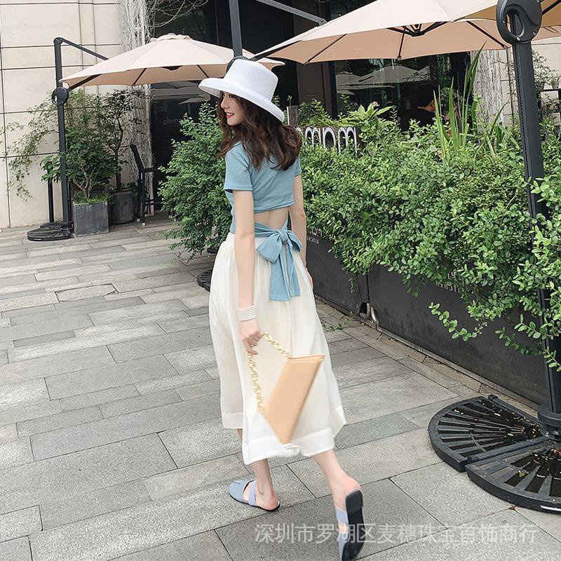 Set Áo Thun Cột Dây + Chân Váy Lưới Dáng Dài Thời Trang Cho Nữ