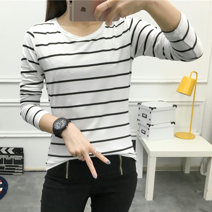 Áo Thun Nữ Tay Dài Họa Tiết Sọc Ngang Thời Trang Hàn Quốc