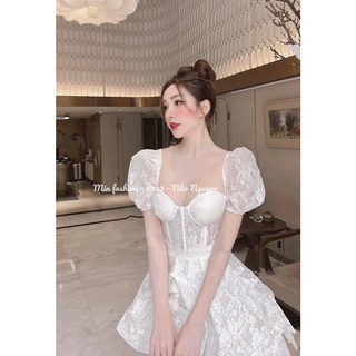 Đầm ren cúp ngực tay ngắn xòe tiểu thư công chúa đi tiệc sang trọng ulzzang