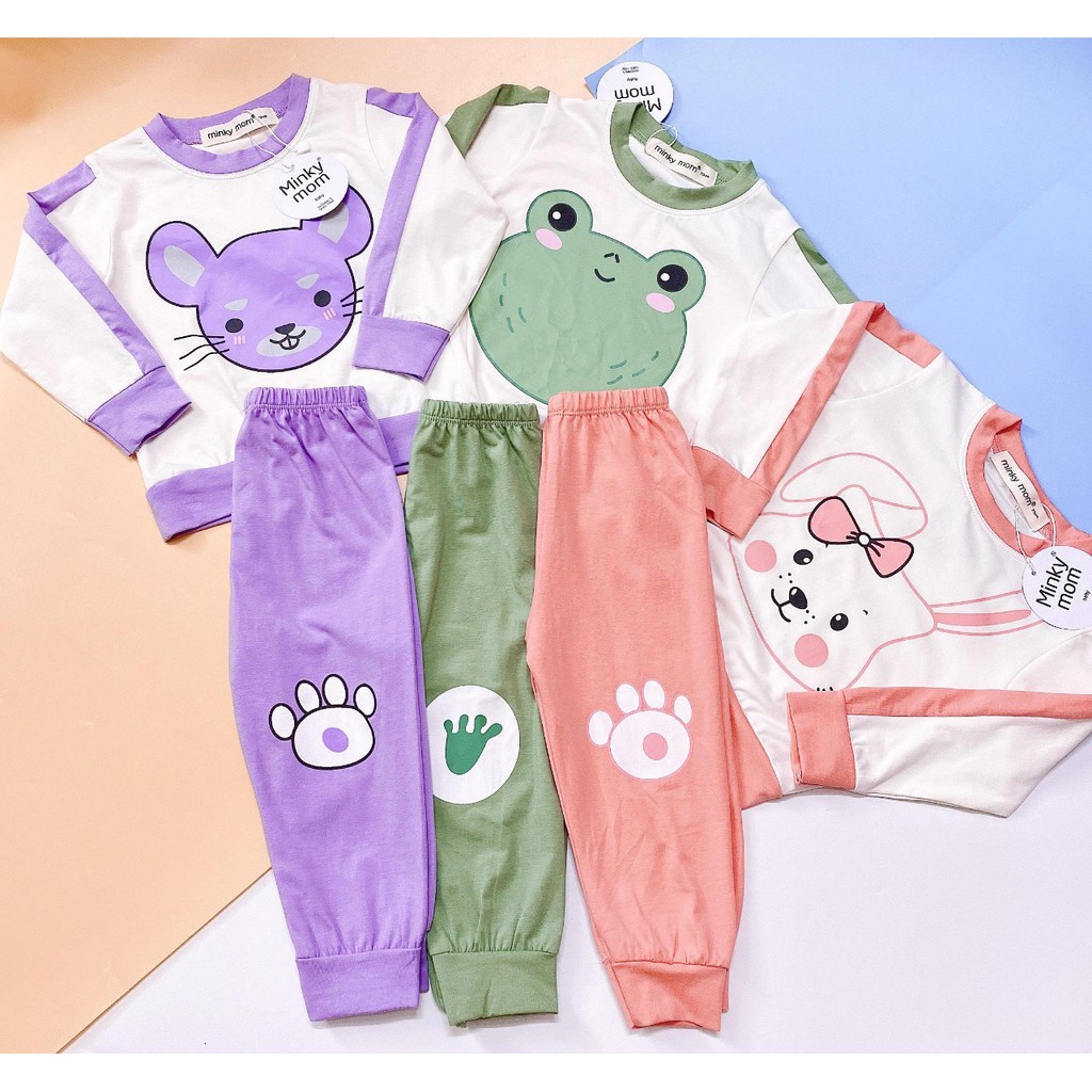 Bộ dài tay Minky Mom cotton 100% nền trắng họa tiết động vật