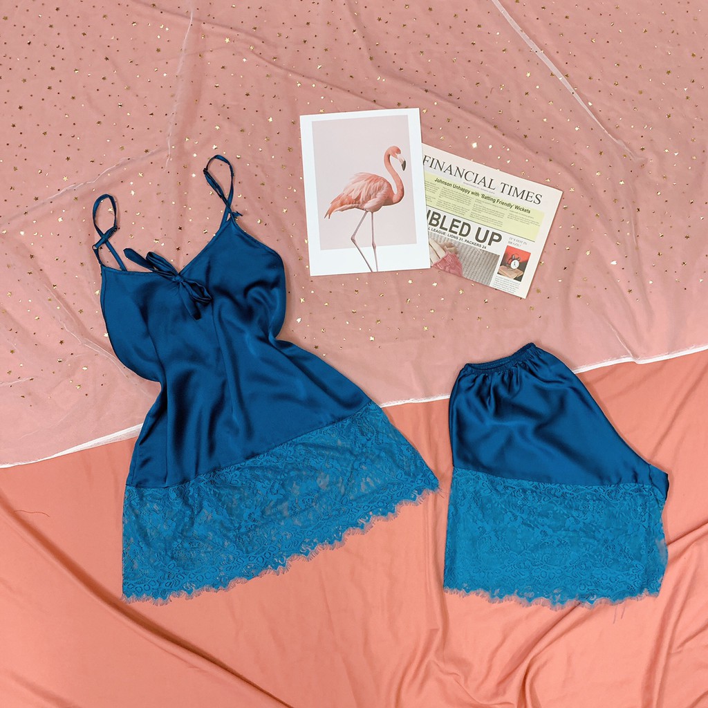 Đồ ngủ sexy  Freeship  Đồ ngủ sexy phối ren mềm quyến rũ chất lụa satin Freesize dưới 60kgc- Linqu Sleepwear