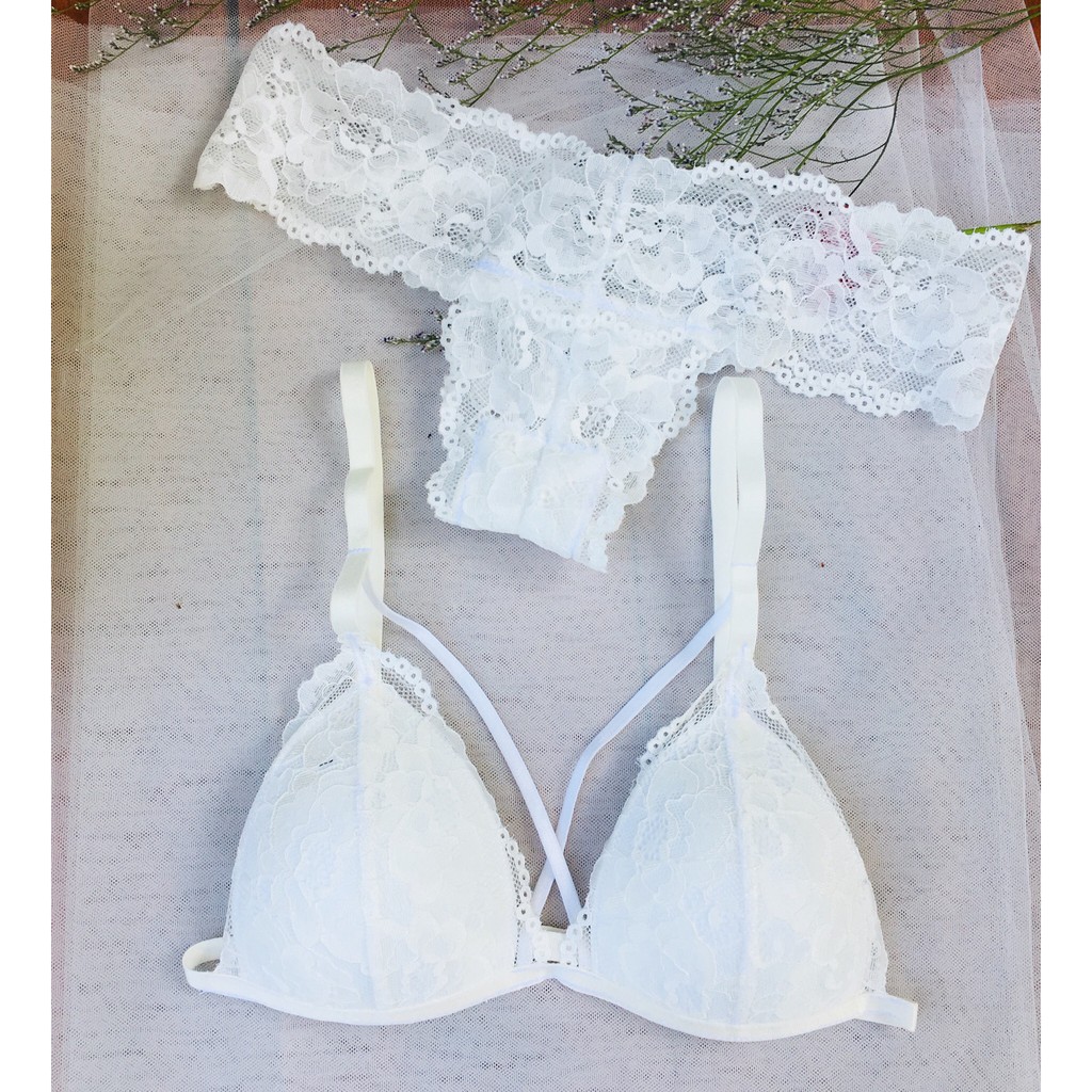 Bộ Bra ren trắng dây áo ôm ngực , kiểu quần chữ T quyến rũ👙