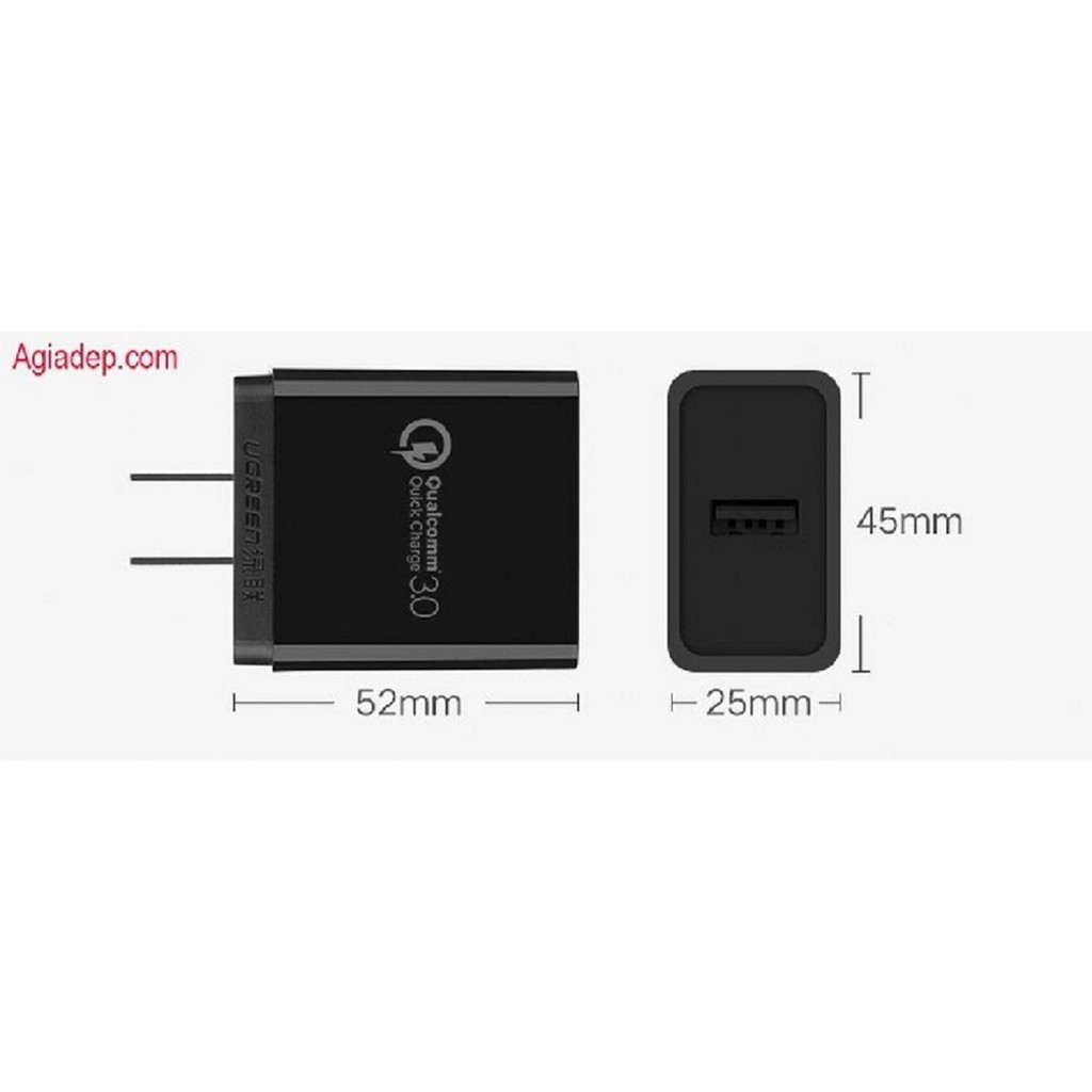 Củ sạc QC3.0 - 1 Cổng USB cao cấp Agiadep-Ugreen (Xịn - Sạc nhanh) Số 1 hiện nay - Màu Đen