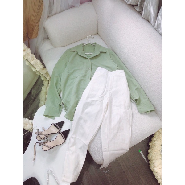Set áo sơ mi xanh thắt nơ hông + quần trắng mẫu chị Linh Ngọc Đàm