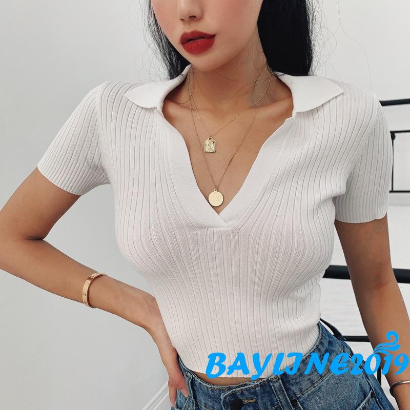 Áo croptop dệt kim tay ngắn cổ chữ V màu trơn thời trang xinh xắn cho nữ