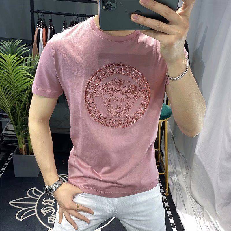 Áo thun cotton mỏng ôm dáng tay ngắn cổ tròn đính đá thoáng khí thời trang mùa hè mới cho nam