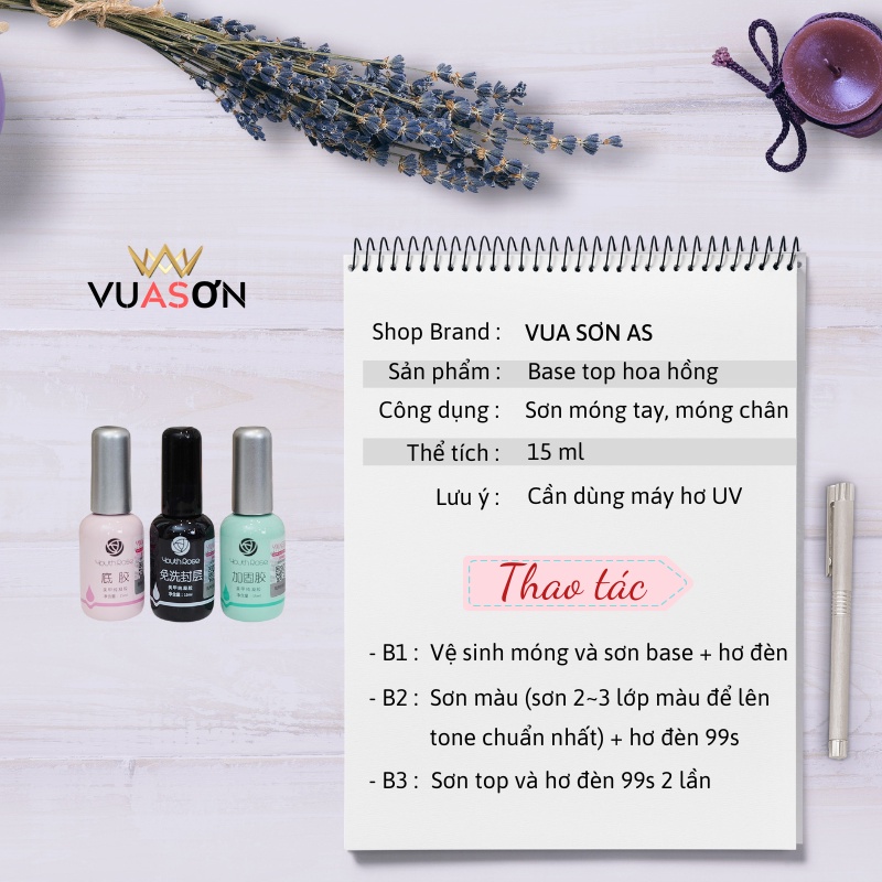 Base top cứng móng hoa hồng sơn móng tay gel phụ kiện nail VUA SƠN AS 15ml