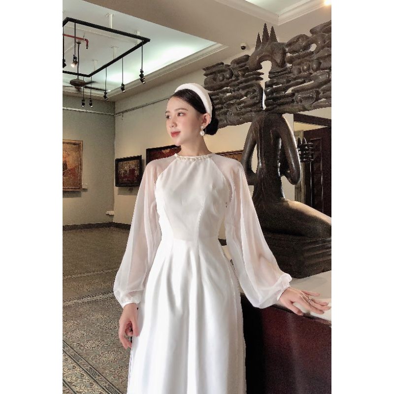 Áo dài trắng 2 tà phối tay