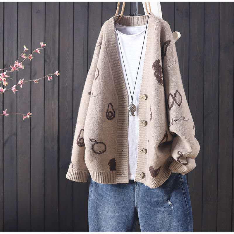Áo khoác cardigan dệt kim dáng rộng thêu họa tiết retro mới dành cho nữ