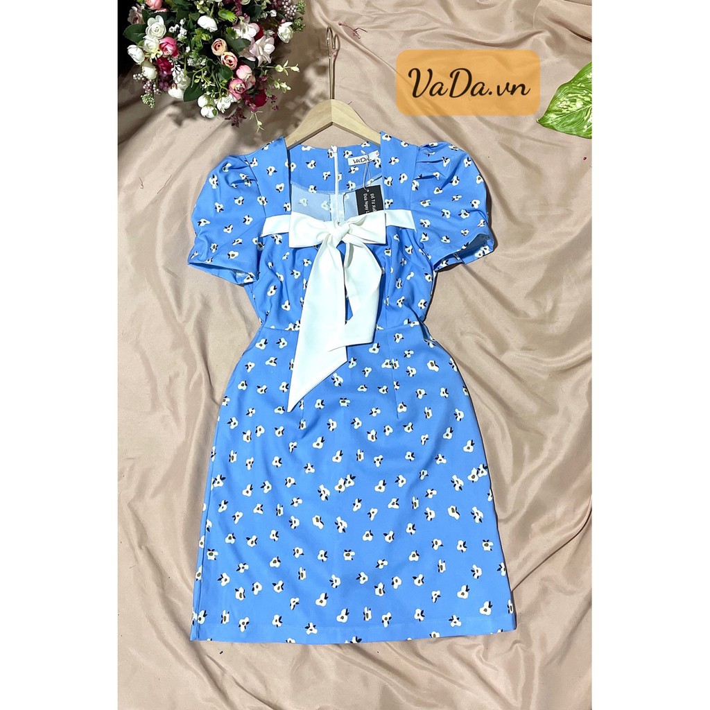Đầm cổ vuông cách điệu phối nơ siêu iu tay phồng in hoa 3D - Thời trang VADA - Đ38 | BigBuy360 - bigbuy360.vn