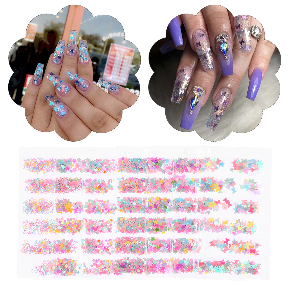 [Hàng mới về] Hộp kim tuyến hình tráI tim/ bướm 3D trang trí móng tay nghệ thuật