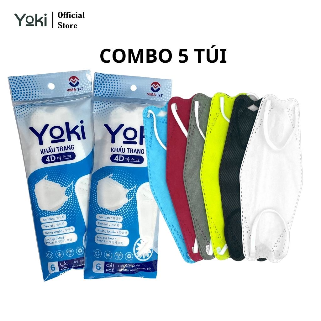 [Mã BMBAU50 giảm 10% đơn 99k] Combo 5 Túi 6 cái khẩu trang 4D Yoki KF94 4 lớp kháng khuẩn chống bụi mịn PM2.5