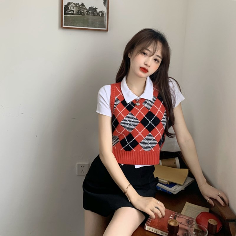 QKOOLE  Áo len không tay cổ chữ V họa tiết kim cương thời trang hàn quốc cho nữ