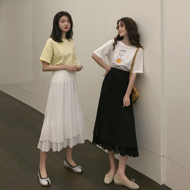 Xiaozhainv Chân váy midi xếp ly lưng cao dáng rộng thời trang xinh xắn cho nữ