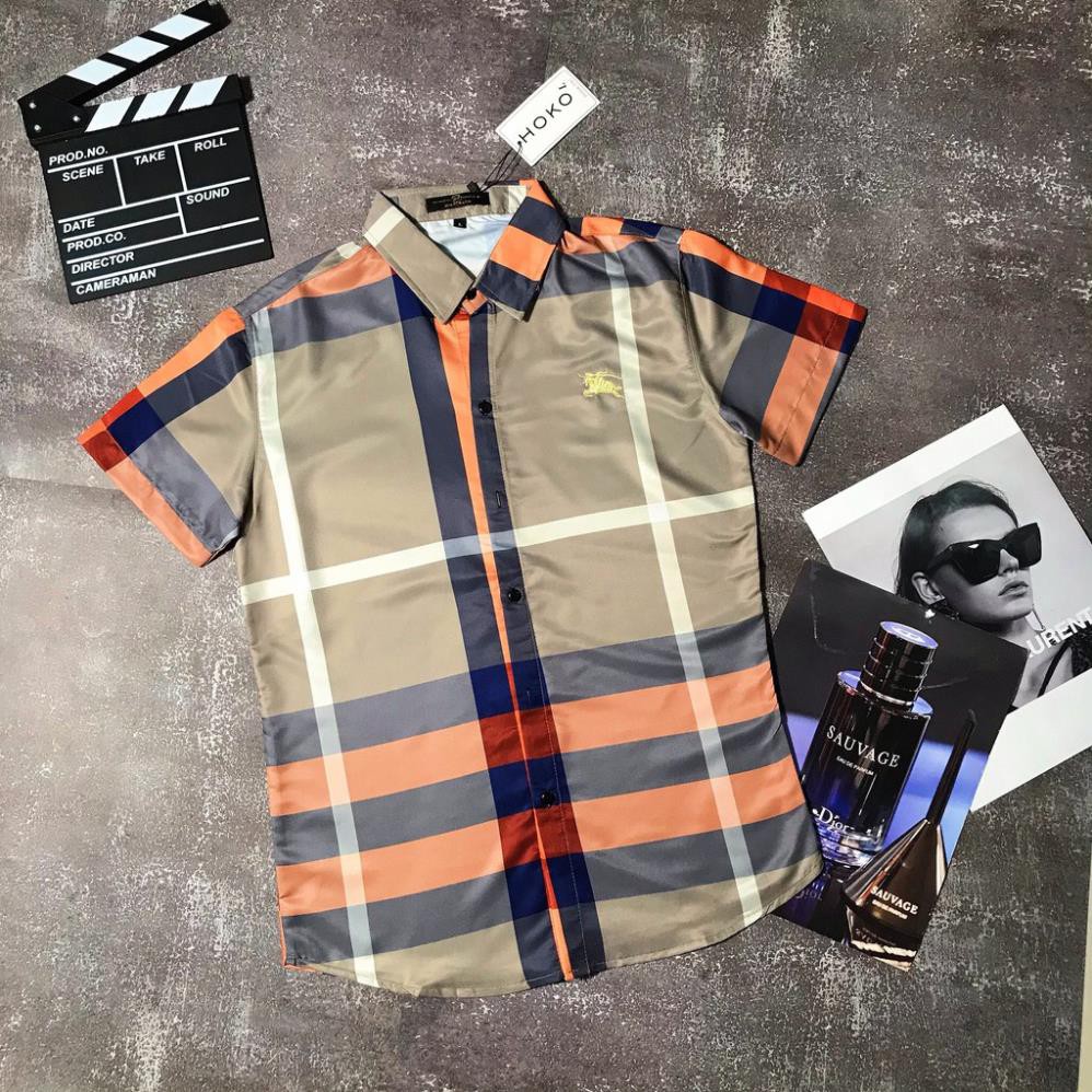 ⚡FREE SHIP⚡ Áo sơ mi cộc tay size dưới 80kg lụa mềm mại quanaochat74 - Burberry kẻ sọc caro sọc cam