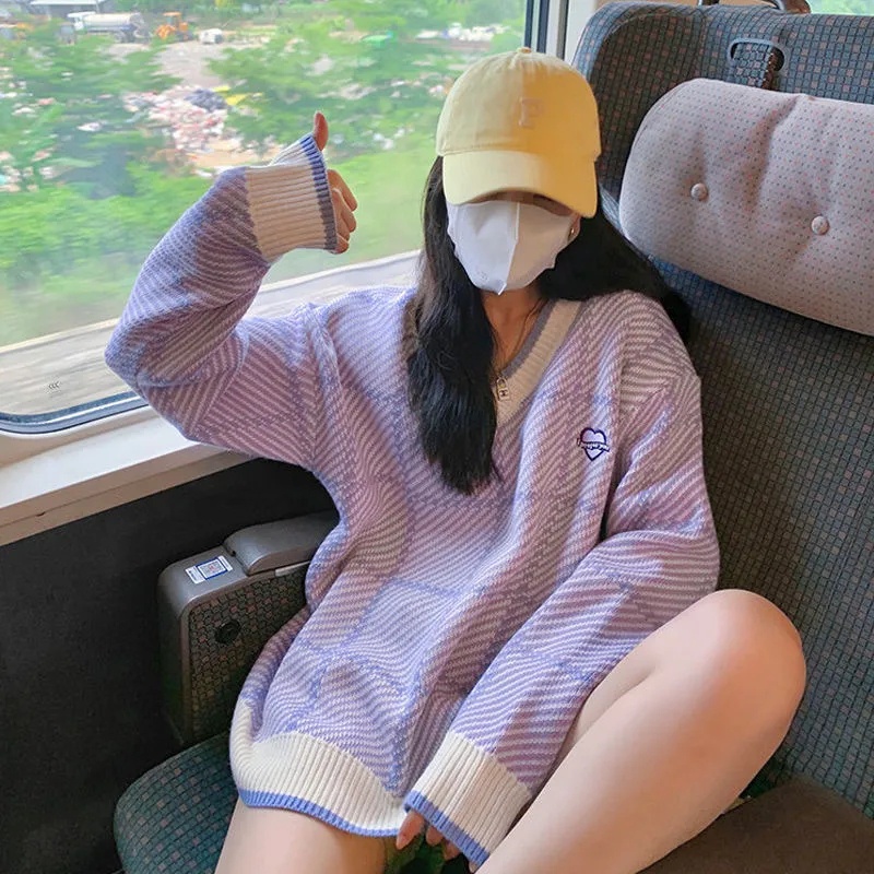 Áo sweater dệt kim cổ chữ V dáng rộng màu tím/ màu xanh da trời thời trang dành cho nữ