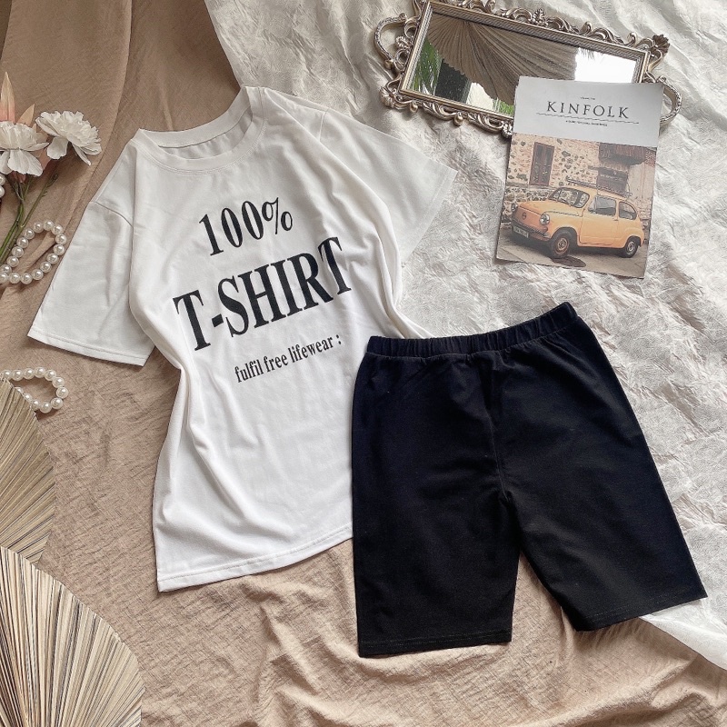 Set áo thun chữ kèm quần legging ngố đen