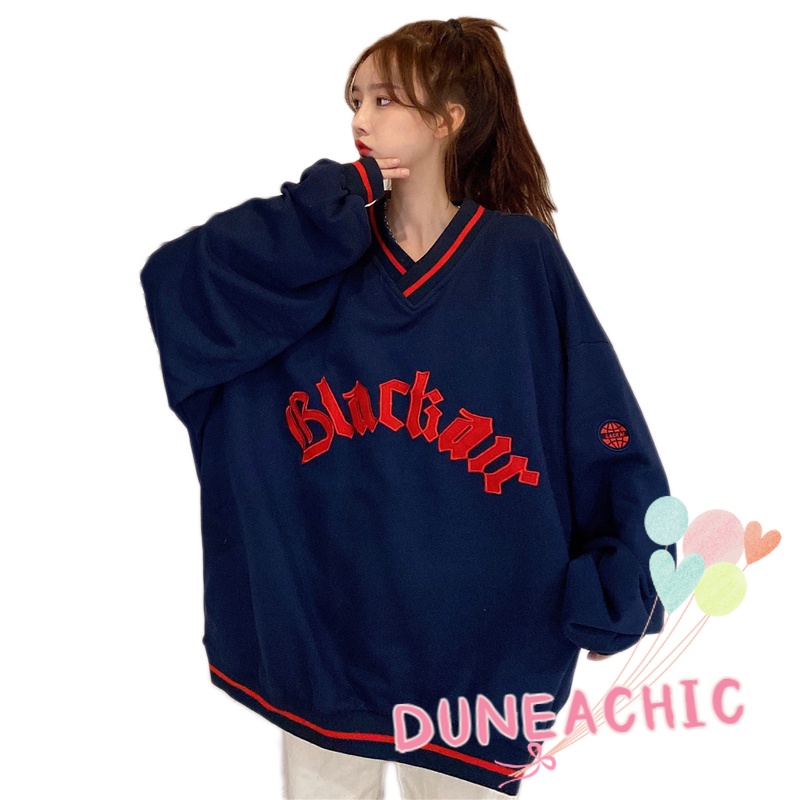 DUNEA Áo Nỉ Cổ Chữ V Thêu Chữ Quyến Rũ Trẻ Trung Cho Bạn Gái