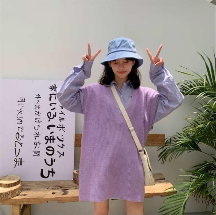 Set Áo Thun Dài Tay Form Rộng Và Áo Khoác Len Không Tay Thời Trang Dành Cho Nữ