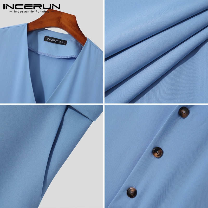 Bộ áo liền quần INCERUN cổ chữ v không tay cài nút thắt lưng thời trang mùa hè cho nam