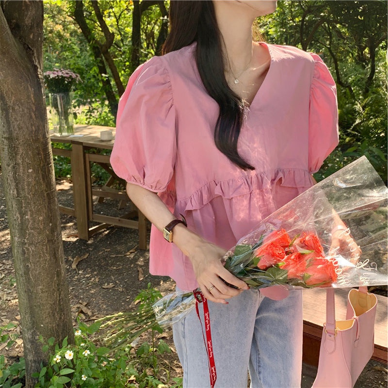 Áo Kiểu Tay Phồng Cổ Chữ V Dáng Rộng Thiết Kế Ngọt Ngào Thời Trang Mùa Hè Mới Cho Nữ