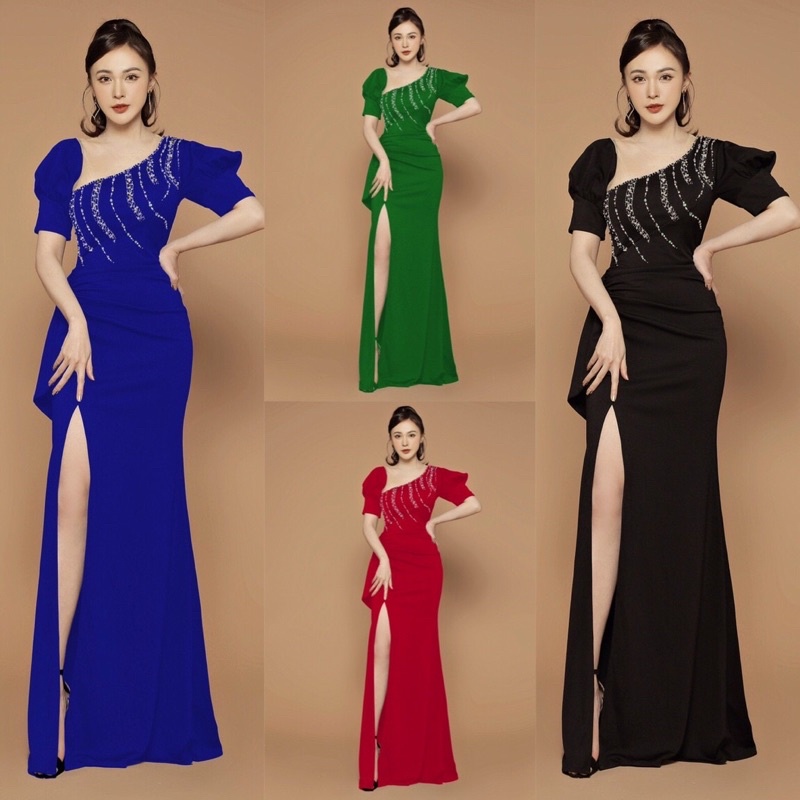 Đầm dạ hội kết pha Lê ngực phối lưới cao cấ