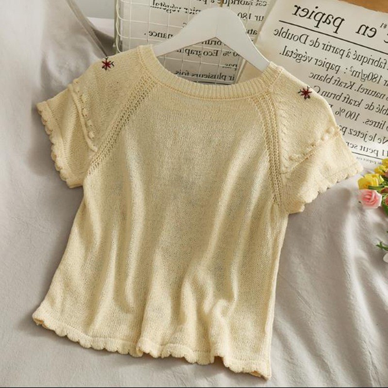 Áo Thun Dệt Kim Cổ Tròn Thêu Họa Tiết Xinh Xắn Kiểu Hàn Quốc Cho Nữ