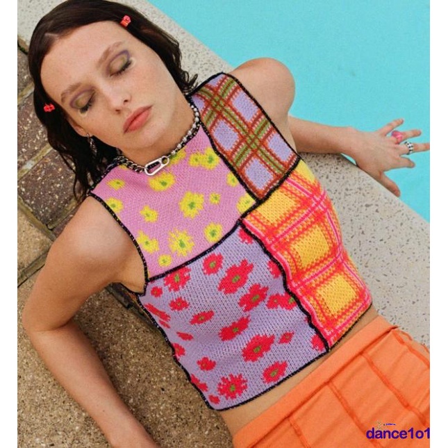 Áo dệt kim cổ tròn hở rốn màu sắc tương phản in họa tiết hoa thời trang cho nữ