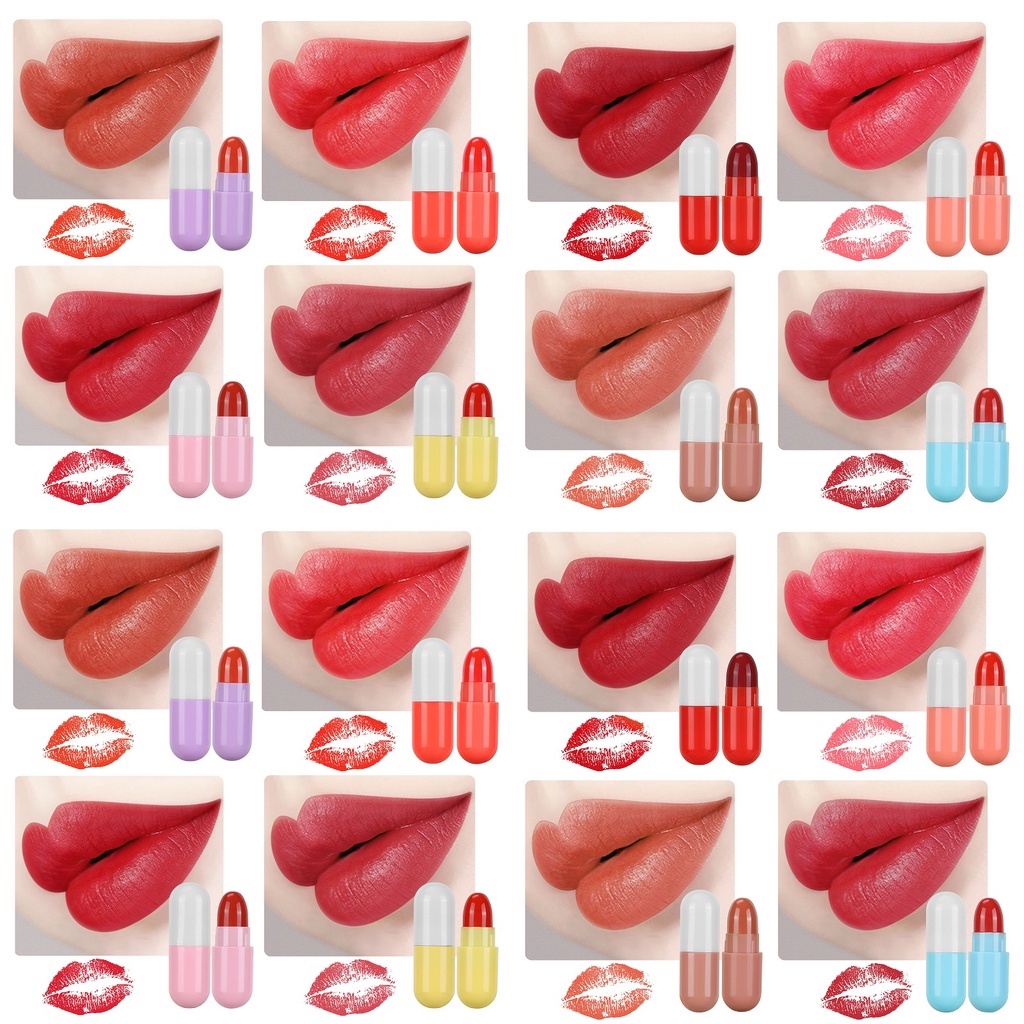 Set 16 son môi mini thiết kế hình viên thuốc con nhộng trang điểm kháng nước lâu trôi