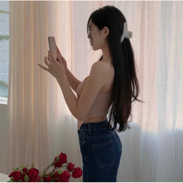 Áo Hai Dây Có Mút Đệm Ngực Ngắn Thiết Kế Không Đồng Đều Thời Trang