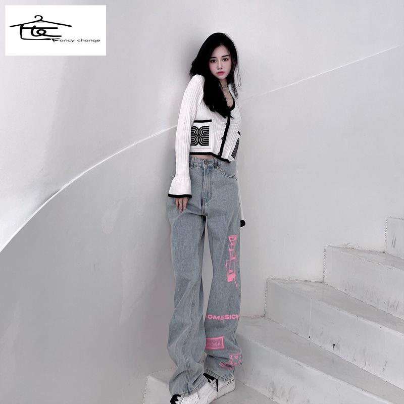 Quần Jean Dài Dáng Rộng In Họa Tiết Graffiti Kiểu Retro Đường Phố Cá Tính Cho Nữ