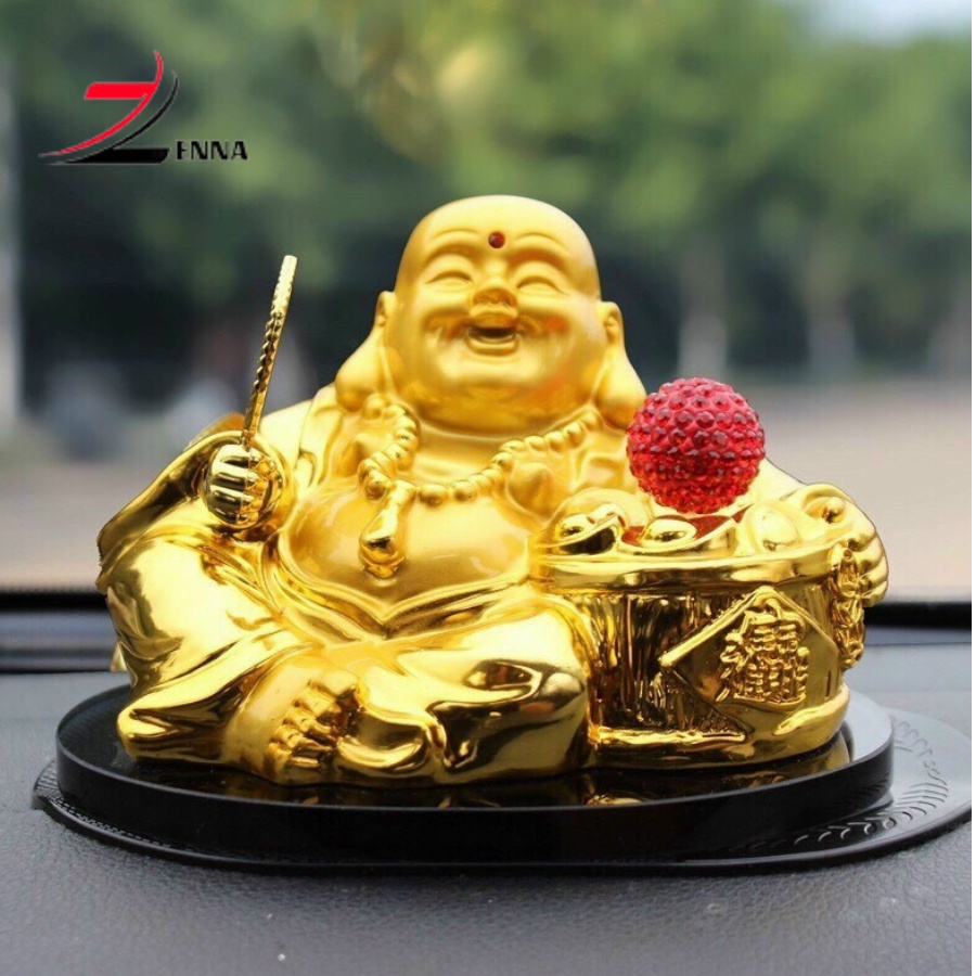 Tượng phật Di Lặc cầm quạt quả cầu xoay bằng năng lượng mặt trời trang trí taplo xe hơi, bàn làm việc, ban thờ