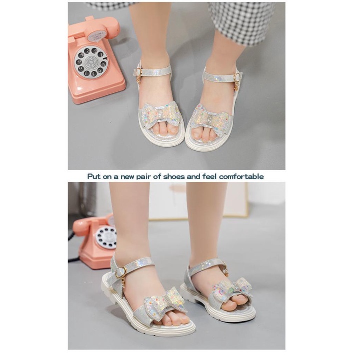 Sandal bé gái đi học đi chơi nơ đính đá xinh xắn phong các công chúa đế mềm êm chân [SDG29]