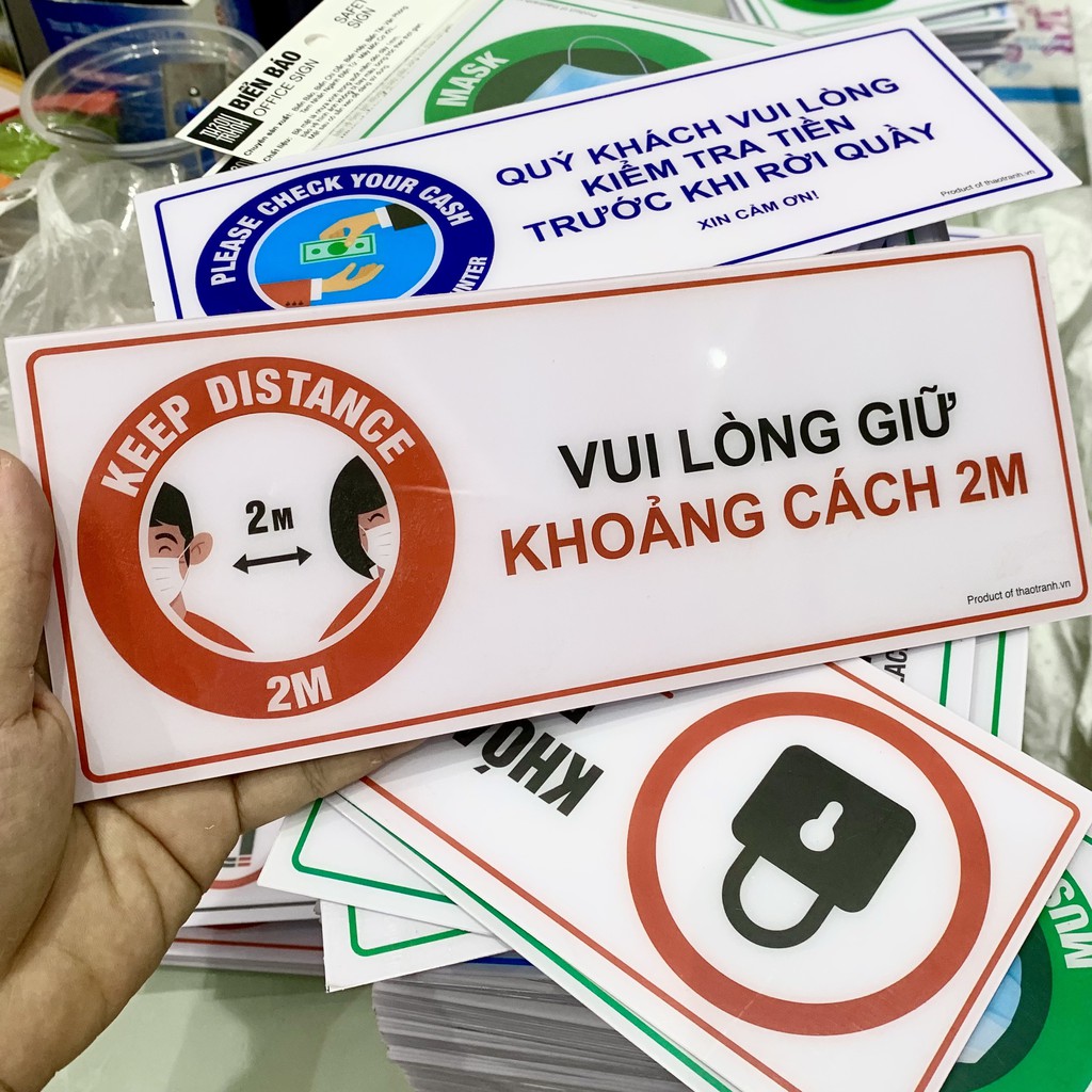 Biển Nhắc Nhở Giữ Khoảng Cách 2m - Decal Dán Tường, Dán Kính - Tem Decal Cảnh Báo - Sticker Trang Trí