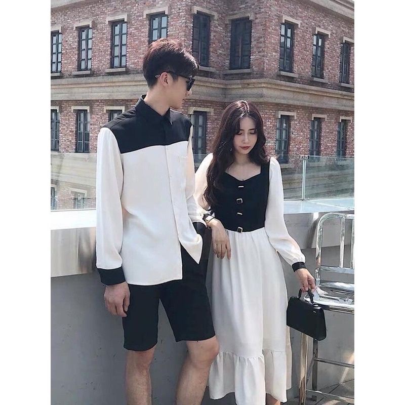 Set áo sơ mi nam + váy nữ phối màu trắng đen, phong cách cổ điển cao cấp