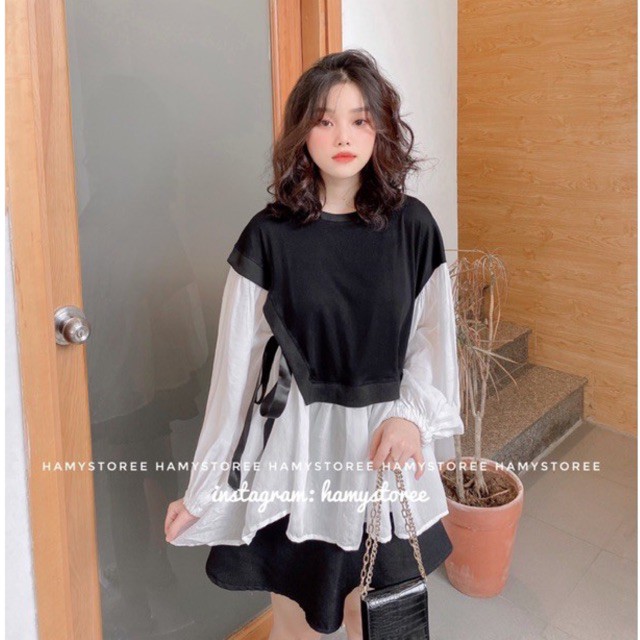 BW DOLL TOP - ÁO BABYDOLL PHỐI ĐEN TÀ LỤA TRẮNG CỘT NƠ HÔNG CỰC XINH