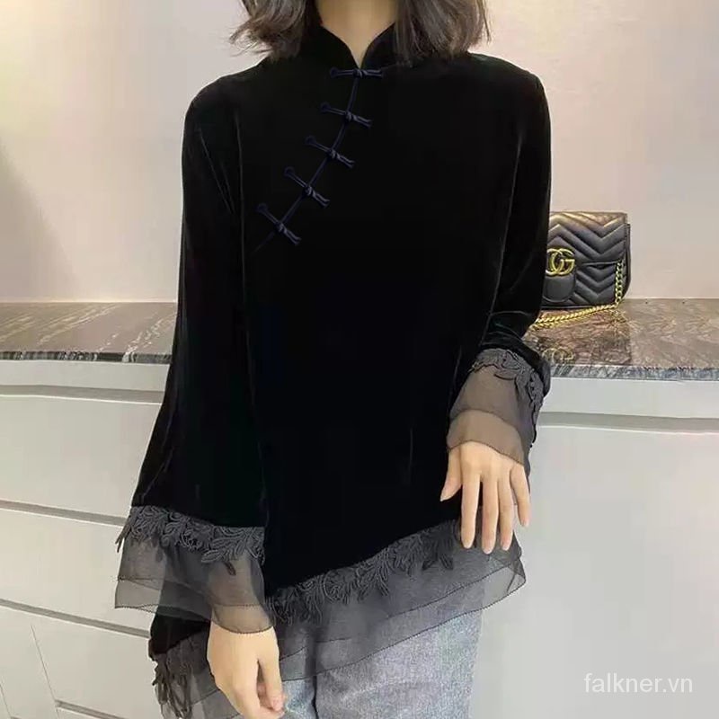 Áo sườn xám cổ đứng chất liệu nhung đen phong cách retro Châu Âu 2022 cho nữ