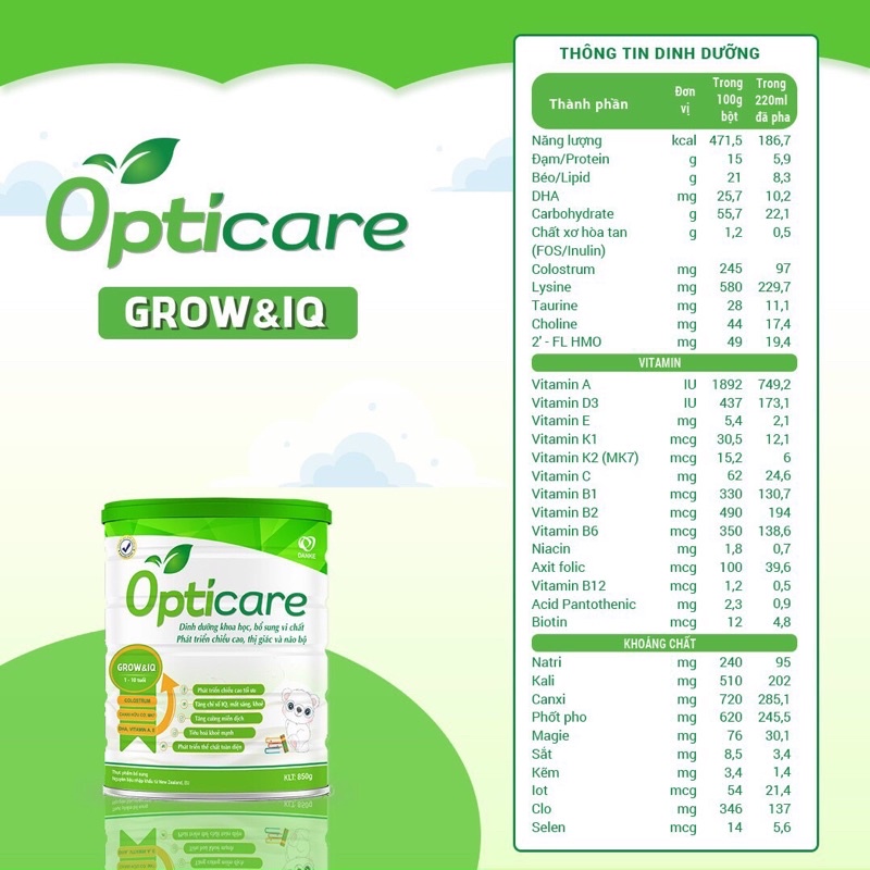 Sữa Opticare Grow &amp; IQ 380g, 850g - Phát triển chiều cao trí não cho bé (1-10 tuổi)