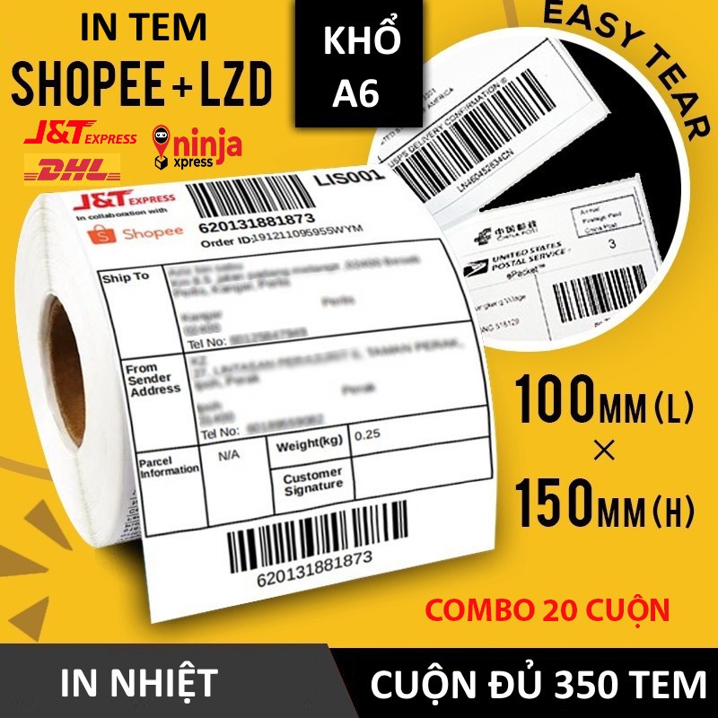 Combo 20 cuộn Giấy In Nhiệt, Tem Nhiệt Decal A6 Khổ 100x150mm