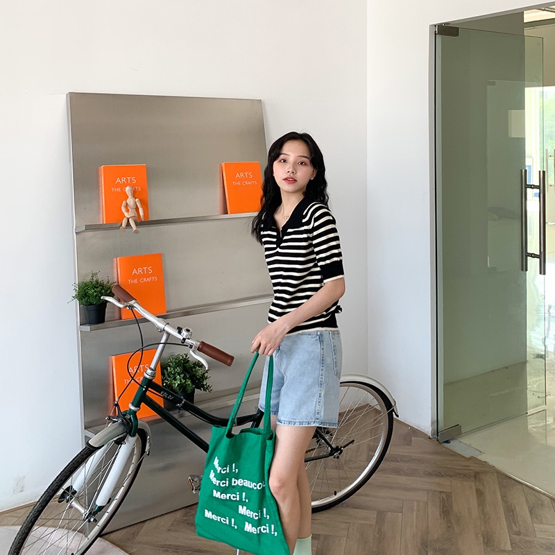 Áo thun nữ Ngắn tay Kẻ Sọc ngang Chất lụa băng Cổ V Form rộng Có Cổ bẻ POLO Áo phông nữ Tay ngắn Thời trang | BigBuy360 - bigbuy360.vn