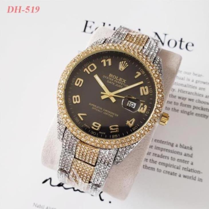 Đồng hồ nam Rolex mặt tròn full diamond cao cấp dây kim loại chống nước DH519 shop109